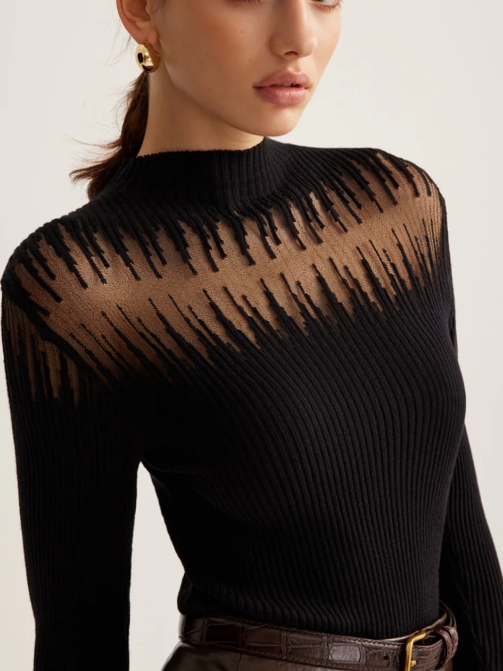 Sheer Yoke Ribbed NAVY Sweater